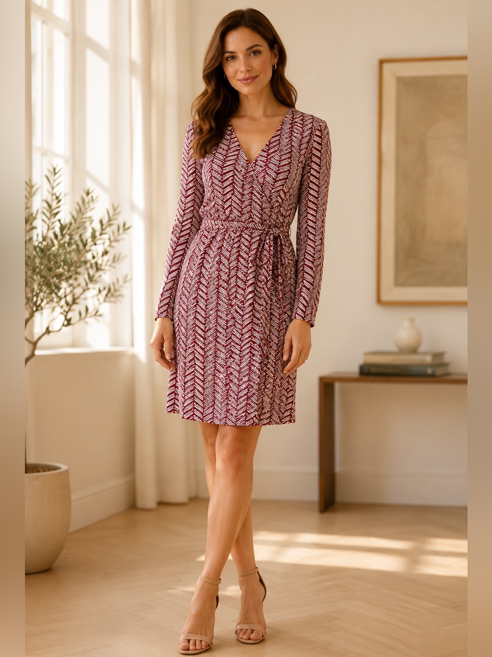 Banana Republic Burgundy and White Chevron Wrap Dress - Long Sleeve